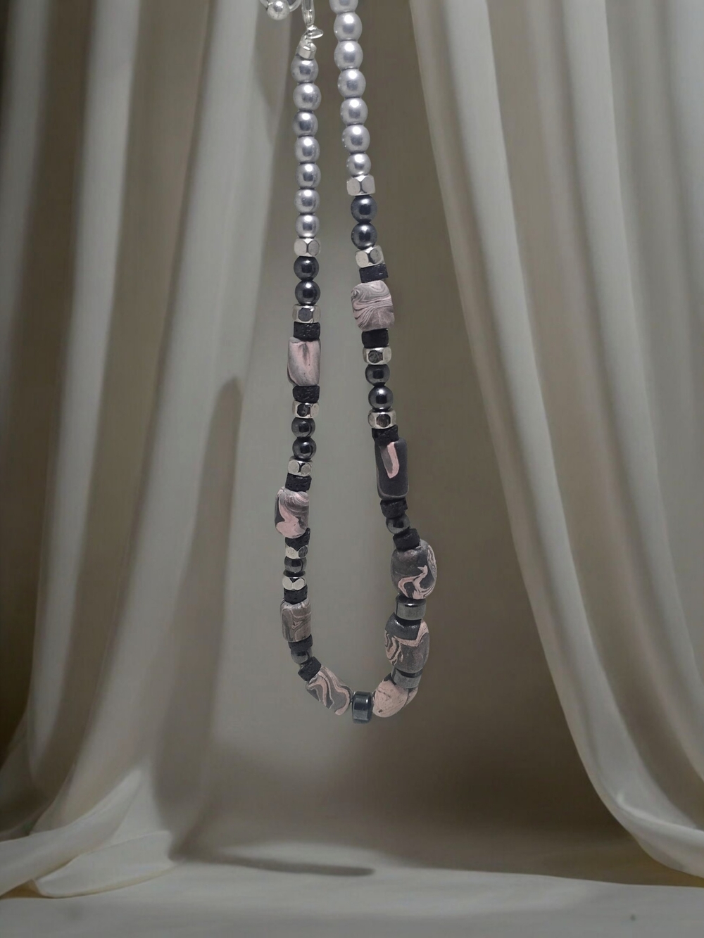 Handcrafted Grey and Pink Polymer Clay Beaded Women's Necklace